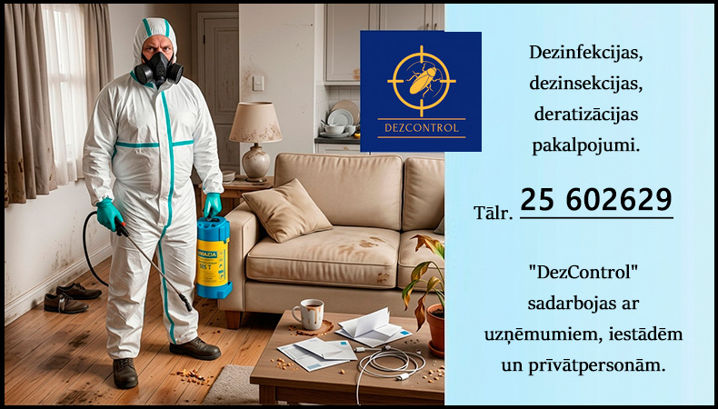 Profesionāla dezinsekcijas pakalpojumu reklāmas attēls Rīgā - speciālists aizsargtērpā gatavs dzīvokļa apstrādei
